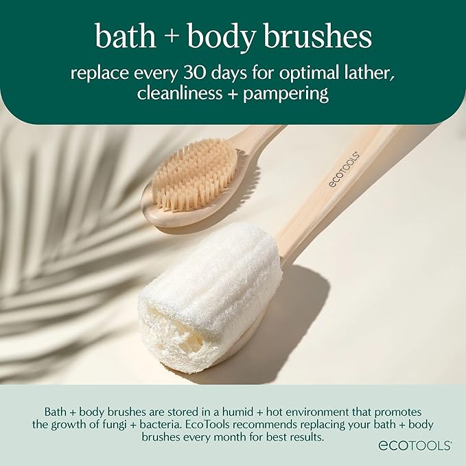 EcoTools Bath Bristle Brush, Bath Brush with Long Handle, Cleanse Back & Hard-to-Reach Areas, Eco Friendly Shower Brush for Exfoliating, Cruelty Free Nylon Bristles, Vegan, 1 Count