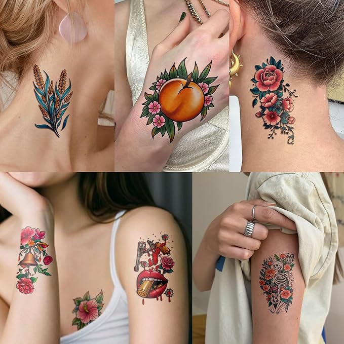 77 Sheets Temporary Tattoos Adult Kids Old School Skull Tiger Sword Cat Eagle Snake Lotus Flower Butterfly Half Arm Realistic Fake Tattoos Sticker for Women Men