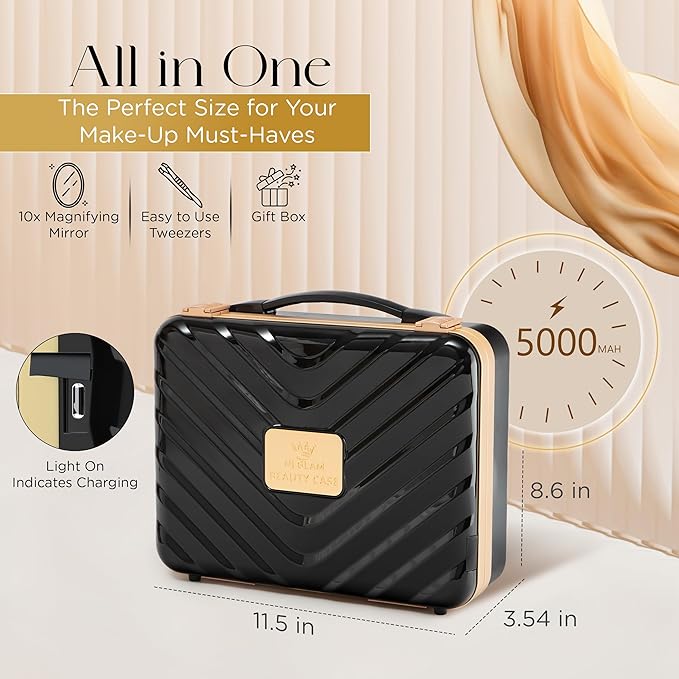 Lighted Makeup Case with Mirror - Portable Travel Makeup Organizer with light up Mirror, 3 Light Settings, Rechargeable Makeup Bag with Mirror and Lights - Mini 10x magnifying Mirror included