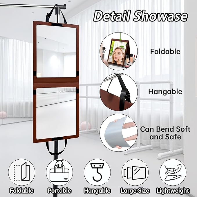 33“ x 13” Foldable Travel Mirror, Hanging Shatterproof Full Length Mirror for Makeup, Camping, RV Travel, Dorm Room, Portable Dance Practice Mirrors - Brown