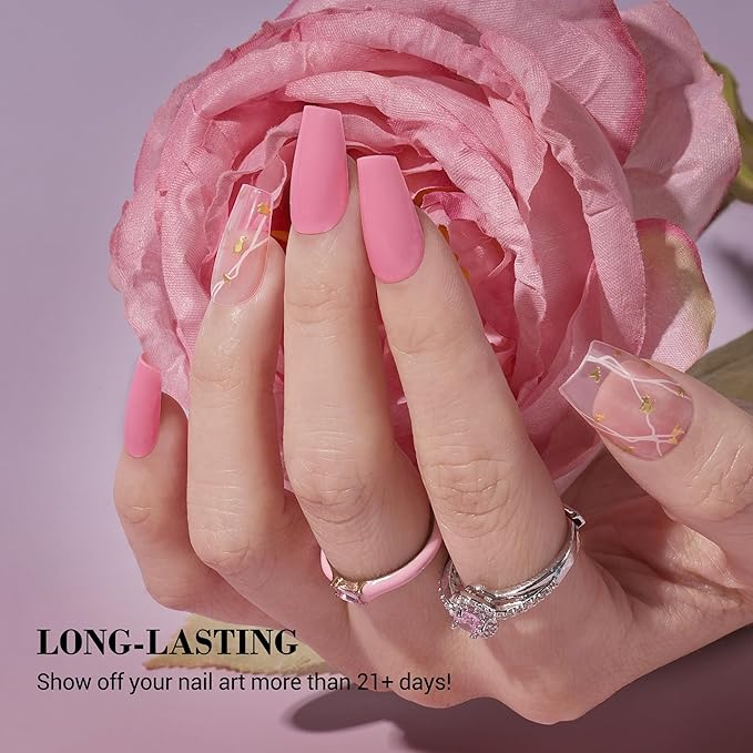 MelodySusie Semi Cured Gel Nail Strips (Pink), 20 PCS Gel Nail Stickers, Gold Foils, UV Light Required, Durable & Salon Quality