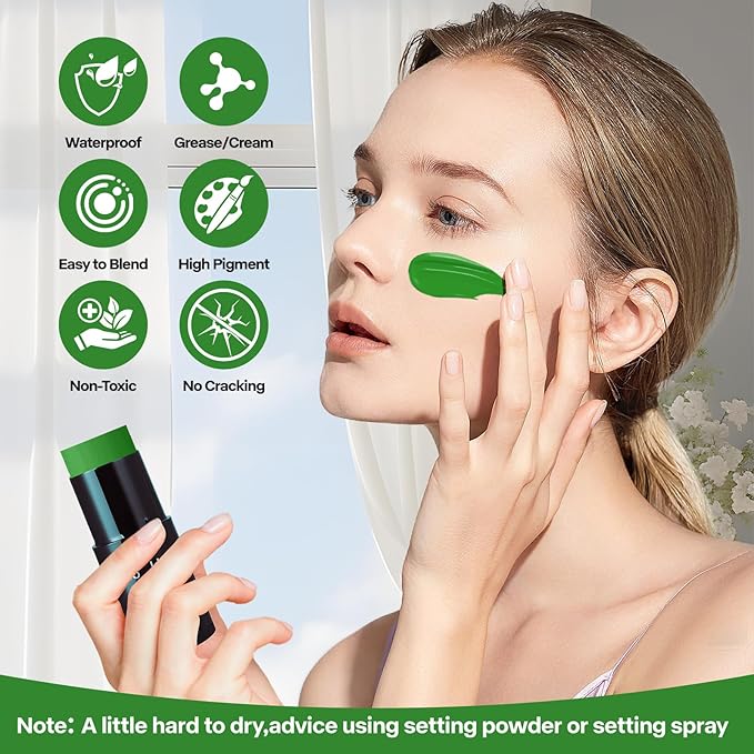 Go Ho Go Ho Cream-Blendable Green Face Paint Stick (1.06 Oz),Full-coverage Green Body Paint Stick for Halloween Cosplay SFX Witch Makeup,Waterproof St Patricks Day Face Paint