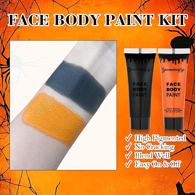 Black Orange Face Body Paint 1.01 oz/pc with 2 Sponges,Water Based Face Paint Kit for Clown Tiger Vampire Pumpkin Cosplay Makeup,Halloween SFX Makeup Cream Face Painting for Kids,2.02 oz