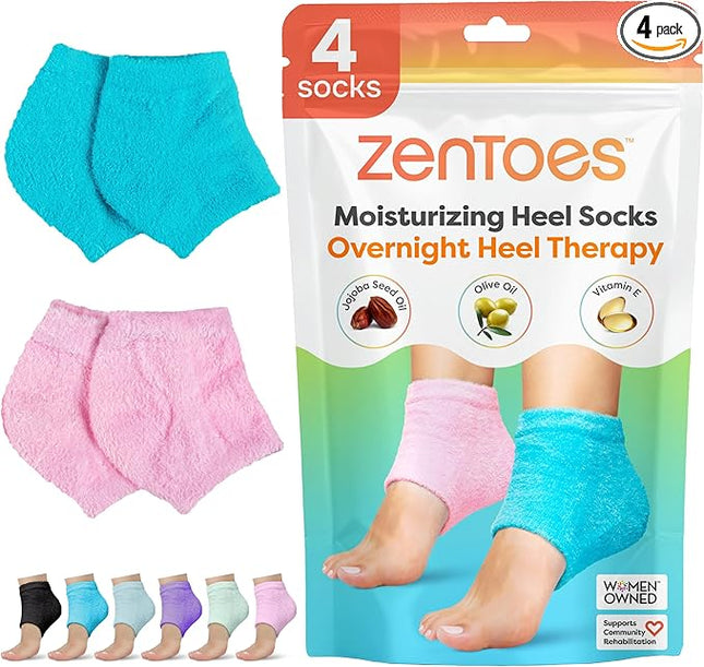 ZenToes Moisturizing Socks for Cracked Heel Treatment, Vitamin E, Olive Oil and Jojoba Oil Heel Socks, Stocking Stuffers for Women, Spa Self Care Gifts for Women (Fuzzy Blue and Pink, Regular)