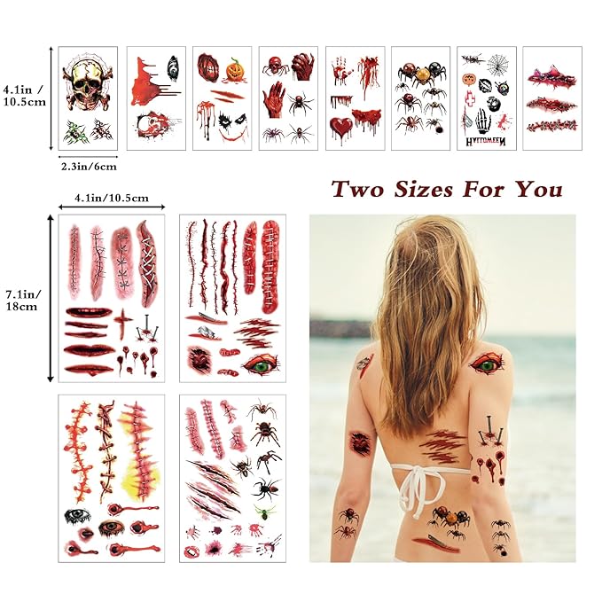 Halloween Zombie Makeup, 12 Sheets Halloween Fake Scars Bloody Wound Temporary Tattoos, Halloween Party Cosplay Vampire Makeup Tattoos for Women Men Kids