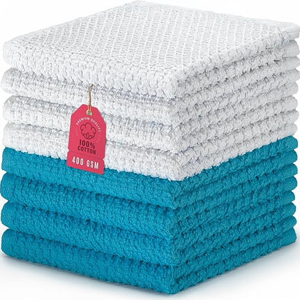 DecorRack 8 Pack 100% Cotton Face Towels, Ultra Absorbent 12 x 12 inch Wash Cloths, 400 GSM, Premium Quality, Soft Fingertip Towels for Face, Makeup, Spa, and Beauty, Blue (8 Pack)