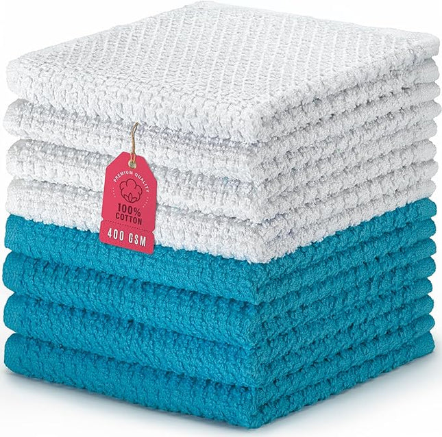 DecorRack 8 Pack 100% Cotton Face Towels, Ultra Absorbent 12 x 12 inch Wash Cloths, 400 GSM, Premium Quality, Soft Fingertip Towels for Face, Makeup, Spa, and Beauty, Blue (8 Pack)