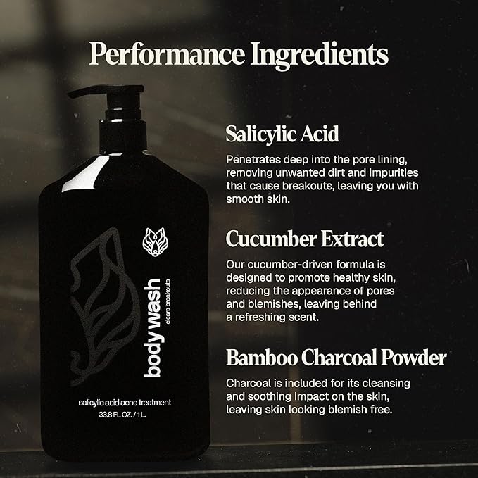 Black Wolf Salicylic Acid Body Wash for Men, 1 Liter - Men's Acne Body Wash - Charcoal Helps Reduce Acne Breakouts & Cleanse Your Skin - Full Coverage & Deep Clean Treatment - Men's Bodywash