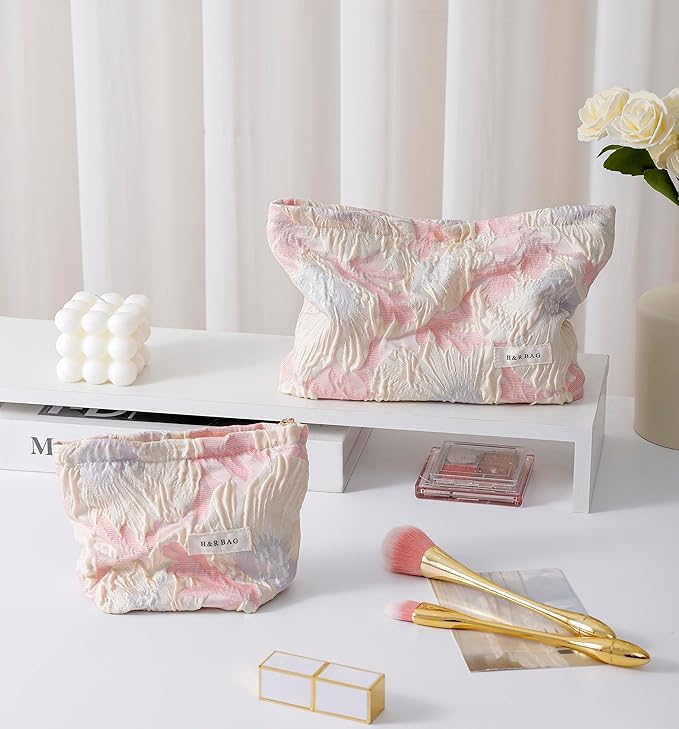 2 Pcs Makeup Bags, Large Cosmetic Bag Travel Toiletry Bag Organizer for Women, Embroidery Craft, Floral Makeup Bag Small Cosmetic Pouch Purse with Zipper Gifts for Girls Teen