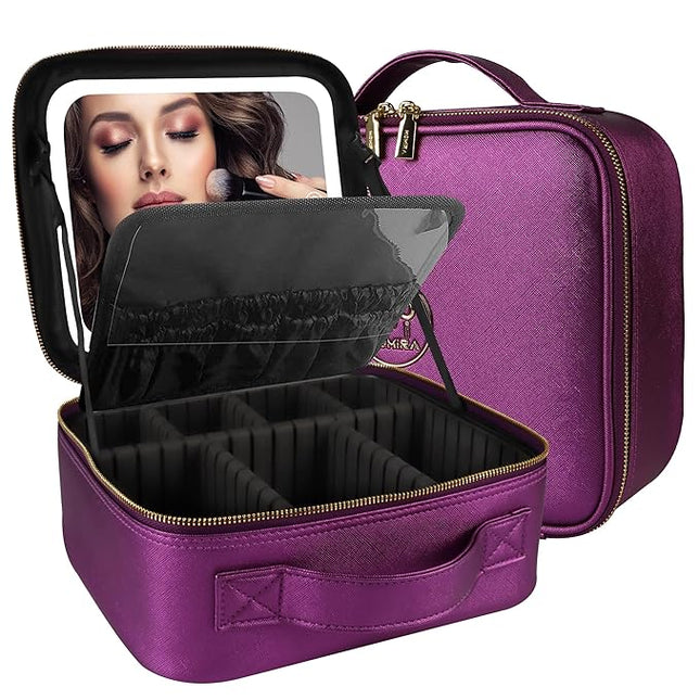 MOMIRA Travel Makeup Bag Cosmetic Bag Makeup Organizer Bag with Lighted Mirror, Adjustable Brightness in 3 Color Scenarios, Waterproof Makeup Train Case, Gift for Women - Brilliant Purple