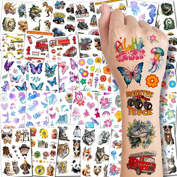 Temporary Tattoos for Kids - 320 Mixed Styles (36 Sheets) Tattoo Stickers Set for Boys and Girls, Car Dinosaur Hawaii Mermaid Watercolor Animals Tattoos for Kids Birthday Party Supplies
