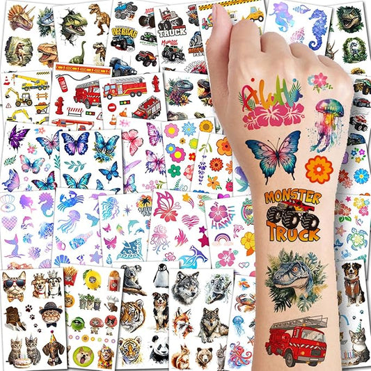 Temporary Tattoos for Kids - 320 Mixed Styles (36 Sheets) Tattoo Stickers Set for Boys and Girls, Car Dinosaur Hawaii Mermaid Watercolor Animals Tattoos for Kids Birthday Party Supplies