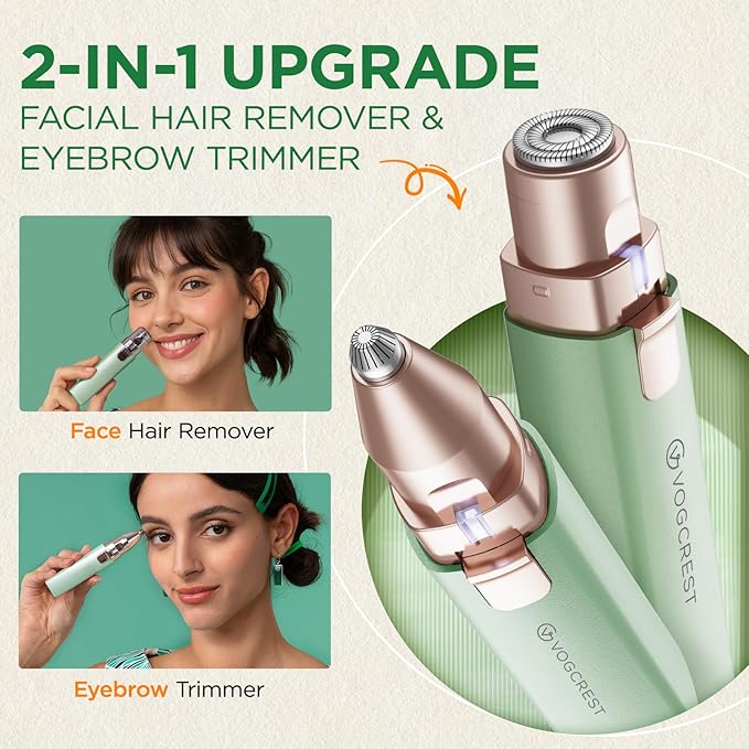 VOGCREST Hair Trimmer, 2 in 1 Facial Hair Remover & Eyebrow Trimmer for Women - Rechargeable, Portable, LED Light