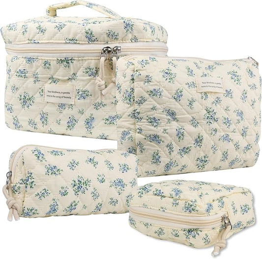 VIWIME Makeup Cosmetic Bag, Large Cotton Quilted Travel Coquette Aesthetic Cute Floral Make up Bag for Women Toiletry Bag Organizer(Blue Rose/4Pcs)