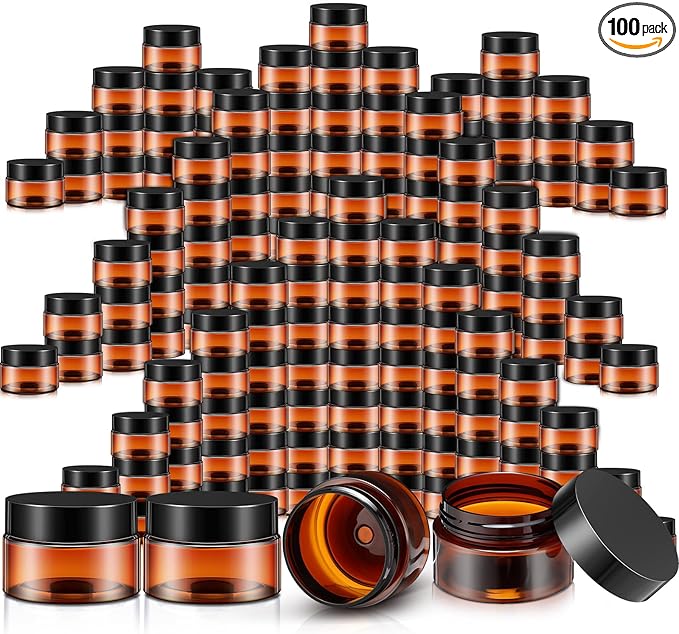SATINIOR 100 Pcs Plastic Jars with Lids Small Containers Lids Wide Mouth Small Plastic Containers for Lotion Cream Rhinestones Body Butters Travel Storage(1 oz,Amber)