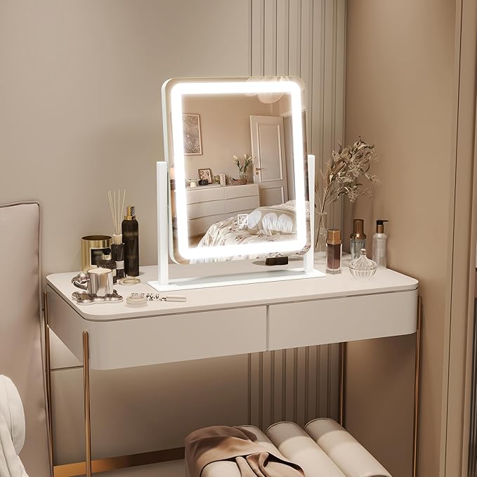 Lighted Makeup Mirror, Vanity Mirror with Lights for Desk Tabletop, Smart Touch with 3-Color Lighting,Dimmable, 360° Rotation, White, 13"x15"