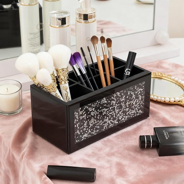 SHYFOY Black Makeup Brush Holder Organizer, 6 Slots Glass Makeup Cosmetics Organizers and Storage for Vanity Countertop
