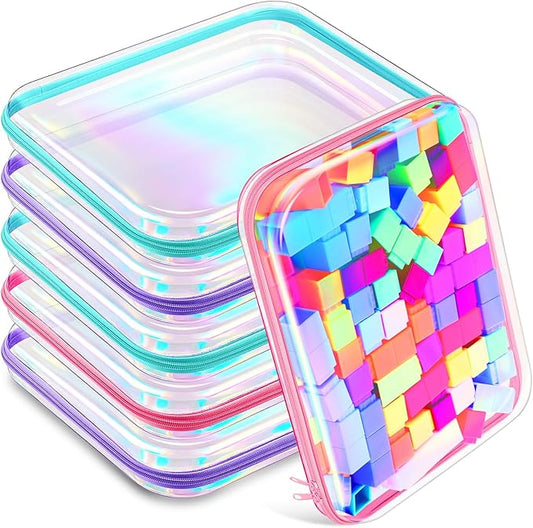 Sanwuta 6 Pcs Clear Hard Zipper Case Pencil Pouches Hard Plastic Zipper Pouches Makeup Bag Transparent Cases for Snacks Plastic Storage Organizer Box for Travel(Holographic,13.78 x 11.81 x 2 Inch)