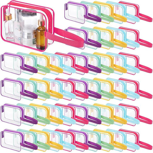 Silkfly Clear Toiletry Bag PVC Travel Cosmetic Bag with Handle Strap Makeup Pouch with Zipper Summer Vacation Salon Graduation Gift End of the Year Gifts(Bright Color,50 Pack)