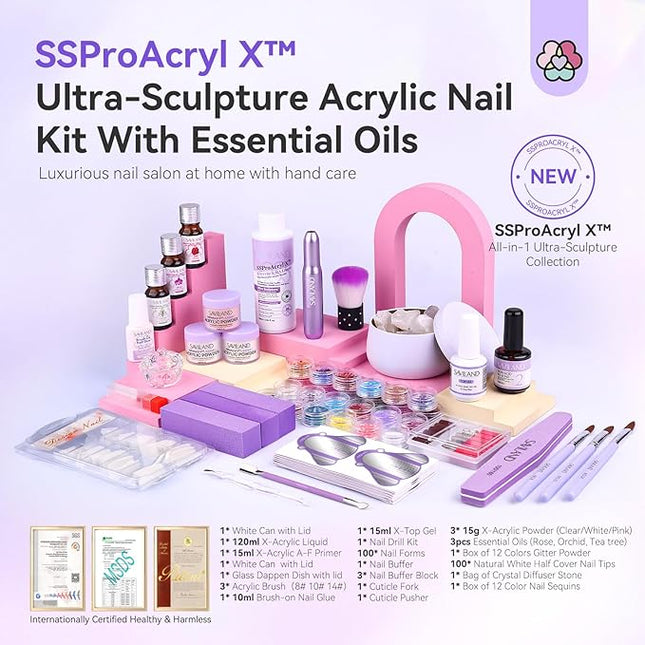 SAVILAND Professional Acrylic Nail Kit: Nail Kit Set with 4OZ Large Capacity Monomer Nail Drill 30 Days Wear Nail Extension Manicure Christmas Gift