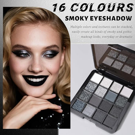 K'APEINE 16 Color Smokey Eyeshadow Palette, Black Eyeshadow Palette Goth Eye Shadow Matte Velvet & Metallic Shimmer Cool Smoky Dark Shades for Goth Makeup No Fading, Long Lasting Waterproof