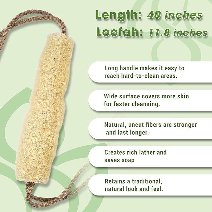 Vietnamese Natural Loofah Back Scrubber - 100% Plant-Based Exfoliation Shower Sponge, Handcrafted Whole Loofah Gourd with Jute Fiber Handle, Suitable for Men & Women (1-Pack)