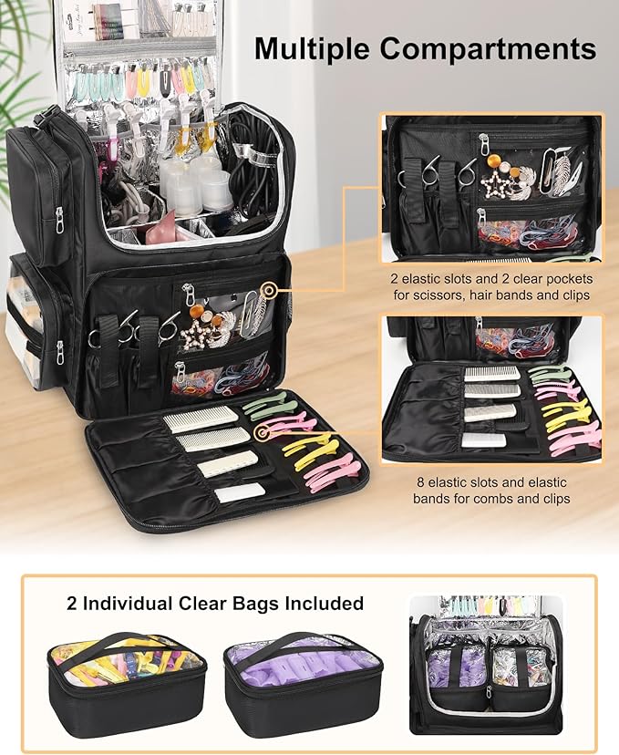 Relavel Rolling Makeup Train Case with Hair Stylist Backpack, Hairstylist Traveling Bag with 4 Wheels, Heat Insulation Full Layer, Adjustable Dividers, Hair Tools and Cosmetics Storage Organizer