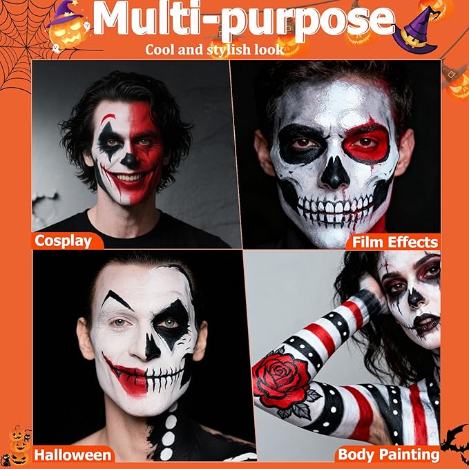 White Foundation + Black Red Face Body Paint for Halloween Makeup, Face Painting Kit with Brush, Skin-Friendly & Non-Toxic Face Paint Suitable for Cosplay Parties, Stage Plays, and Halloween Makeup