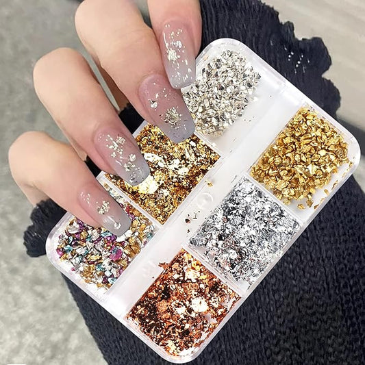6 Colors Metallic Nail Art Foil Holographic Dazzling Irregular Nail Sequins Gold Silver Design Nail Glitter Shiny Nail Accessories for Face Eye Nail Art Supplies for Women Party DIY Nail Decoration