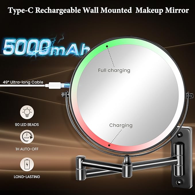 Large Wall Mounted Lighted Makeup Mirror Black Nickel, 1X/20X Magnifying Mirror with 3 Color Light, LED Lights Dimmable 5000mAh Rechargeable Wall Mount Makeup Mirror, 360° Swivel 17 Inch for Bathroom