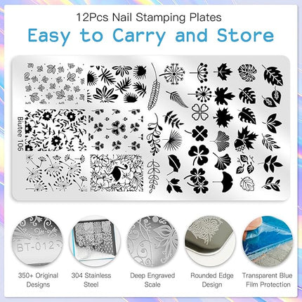 Biutee Nail Stamper Kit 12Pcs Nail Art Stamping Plate 8 Colors Stamp Polish Gel with Top Coat and Base Coat Set Silicone Stamper Scraper, Nail Stamp Plates Love Flower Butterfly Leaf Valentine Design