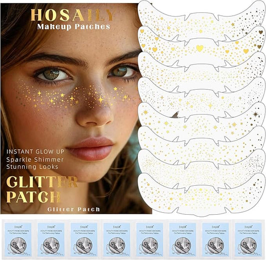 8 pcs Gold Glitter Freckles Face Tattoo, Waterproof Sparkle Face Glitter Speckles Patches for Women, Cute Star Glow up Glitter Temporary Tattoo Makeup Accessories for Festival Rave