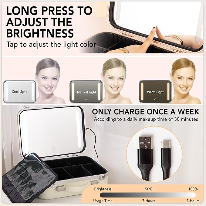 Lighted Makeup Case with Mirror - Large Size 13.4" x 10.2" - Travel Makeup Case With Mirror - Rechargeable LED Travel Vanity Case with Adjustable Brightness - Train Case Makeup Bag - White