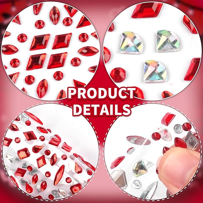 Red Face Gems, Halloween Face Rhinestone Makeup Festival Face Jewels, Zombie Gunshot Wound Fake Hole Scar Blood Scars Stick On Gems, Self-Adhesive Rhinestone Set for Halloween Makeup