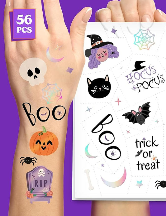 HOUSE OF PARTY Halloween Tattoos - 56 Pcs Hocus Pocus Stickers, Bat Tattoo, Skull Stickers, Witch Tattoo, Spider Webs - Fun for Kids and Adults - Ideal for Party Supplies