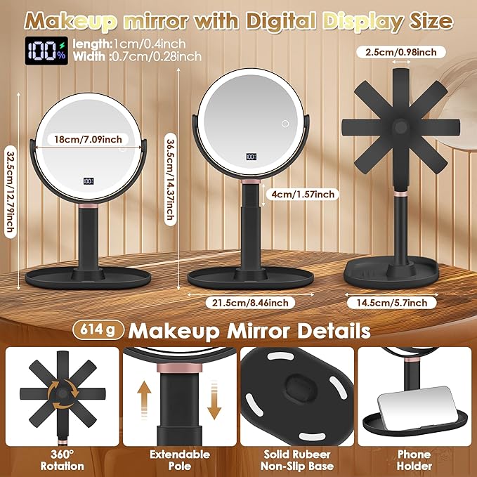 MIYADIVA Makeup Mirror with Lights, 30X/1X Magnifying Mirror with Digital Display, Height Adjustable Desk Mirror, Detachable for Travel, Vanity Mirror with Phone Holders and Tweezers, Black