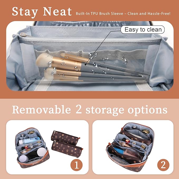 BOYATU Travel Makeup Bag Cosmetic Bags for Women: 3 Pcs Set Portable Make up Bag with Handle - Vegan Leather Toiletry Bags with Compartments - Makeup Organizer for Travel Essentials(04-Brown)