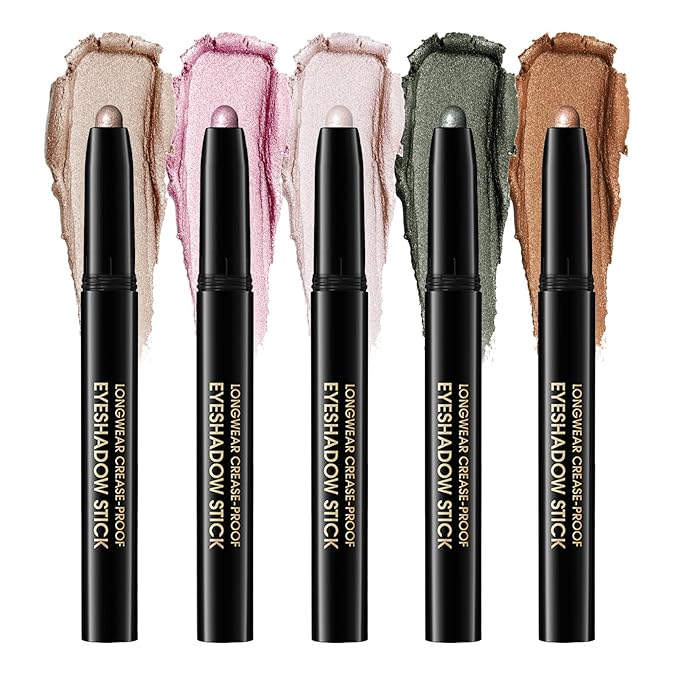 Eyeshadow Stick, Shimmer and Matte Cream Eye Shadow Brightener Sticks Eyeliner Pencil Crayon, Waterproof Long Lasting Eye Highlighter Stick Makeup,0.056 Oz (5PCS Shimmer)