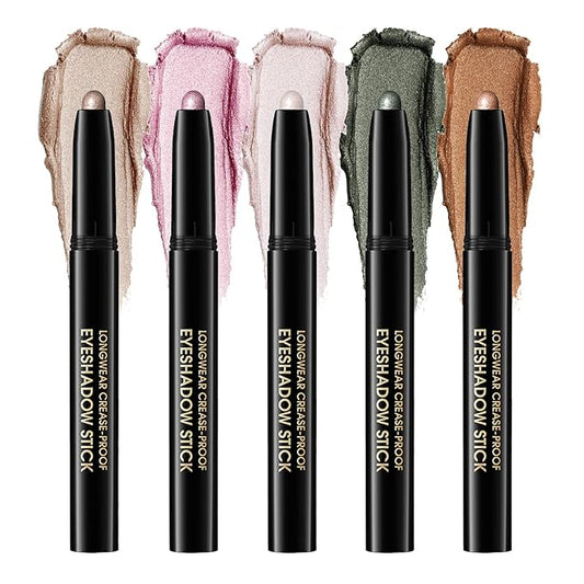Eyeshadow Stick, Shimmer and Matte Cream Eye Shadow Brightener Sticks Eyeliner Pencil Crayon, Waterproof Long Lasting Eye Highlighter Stick Makeup,0.056 Oz (5PCS Shimmer)