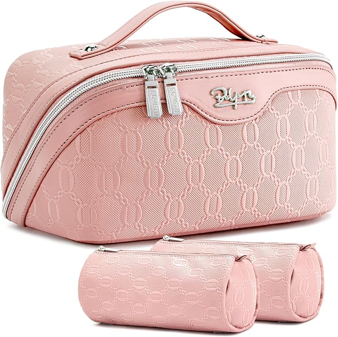 BOYATU Travel Makeup Bag for Women: Cosmetic Organizer Bag with Compartments - Leather Make up Bags Set of 3 (Pink)