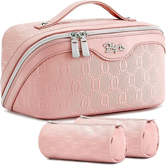 BOYATU Travel Makeup Bag for Women: Cosmetic Organizer Bag with Compartments - Leather Make up Bags Set of 3 (Pink)