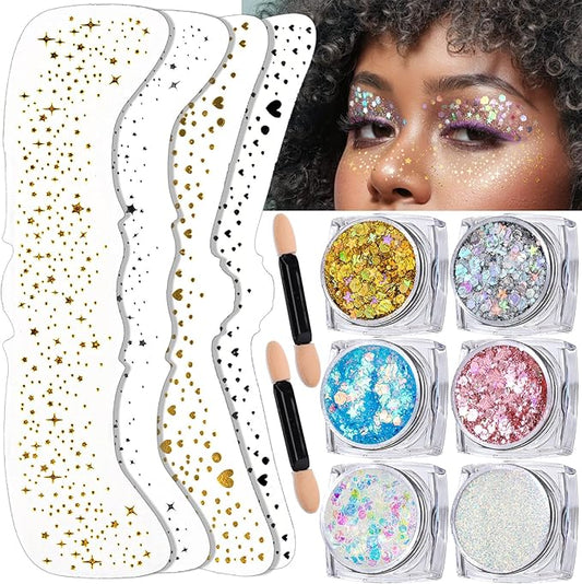FANDAMEI 6 Colors Face Glitter Gel+ 4PCS Glitter Freckles. Body Hair Face Speckles, Makeup Patches.