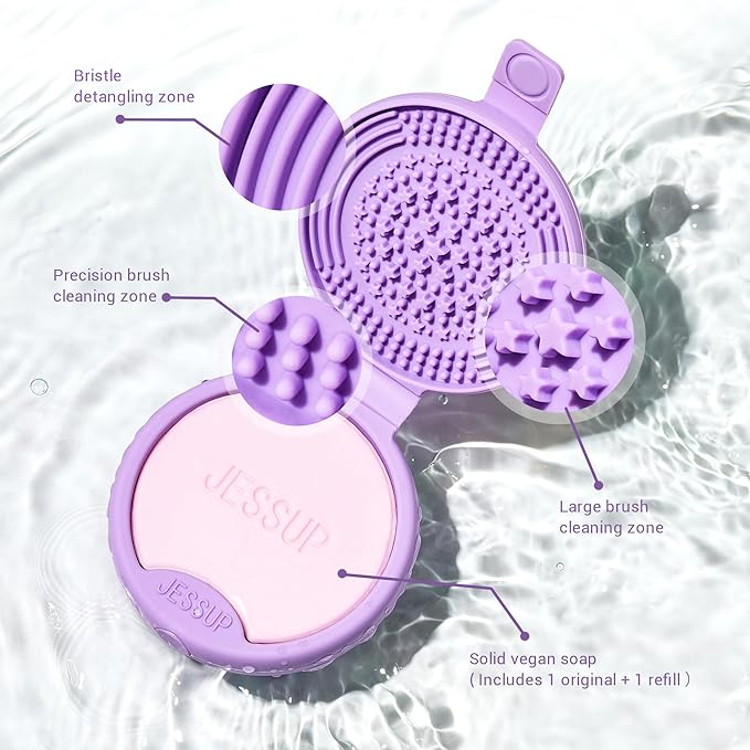 Jessup Makeup Brush Cleaner Mat Silicone with 2pcs Solid Soap, Portable Cleaning Tool for Cleaning Makeup Sponges Brushes, A013