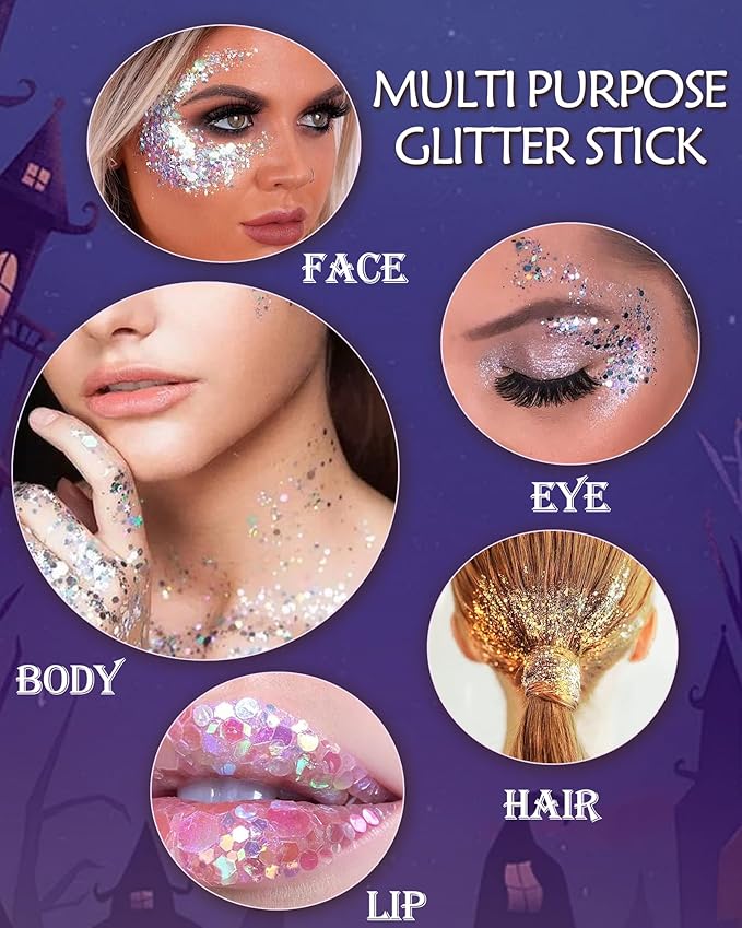 Body Glitter Stick, Waterproof Long Lasting Sparkling Face Shimmer Makeup, Singer Concerts Disco Music Halloween Festival Rave Accessories, Holographic Chunky Sequins Hair Stick,Gift for Women girl-01