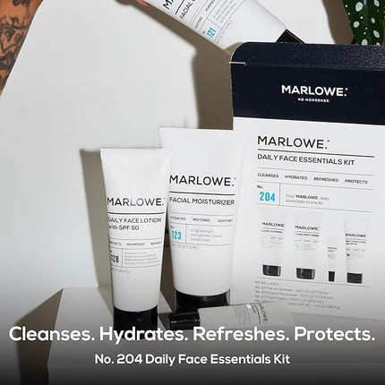 MARLOWE. Mens Skin Care Set, No. 204 Daily Essential Face Kit, No. 121 Facial Cleanser, No. 123 Facial Moisturizer, No. 127 Eye Cream, No. 128 Daily Face Lotion with SPF 50, Great Gift for Men