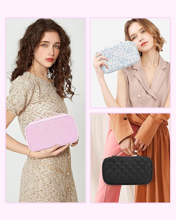 Relavel Cute Makeup Bag for Girls, Portable Pink Cosmetic Bag, Dual-layer Makeup Pouch with Brush Holder, Multi-Functional Preppy Toiletry Organizer for Travel, Daily Use - Pink Strip