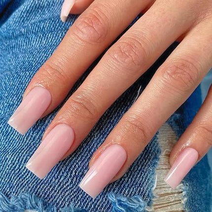 Light Pink Press on Nails Long Square, KXAMELIE Medium Coffin Nails Press ons Long Glue on Nails Natural Thick Fake Nails Acrylic Reusable 24 Solid Color for Women