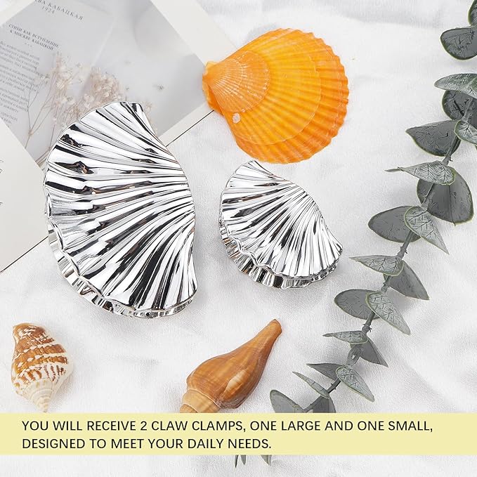 2pcs Seashell Hair Clip Fashion Sweet Shell Hair Claw Metal Shell Claw Clip Hair Accessories for All Hair Types, Such as Thick, Long, Straight, and Curly Hair (Silver (1 large + 1 small)