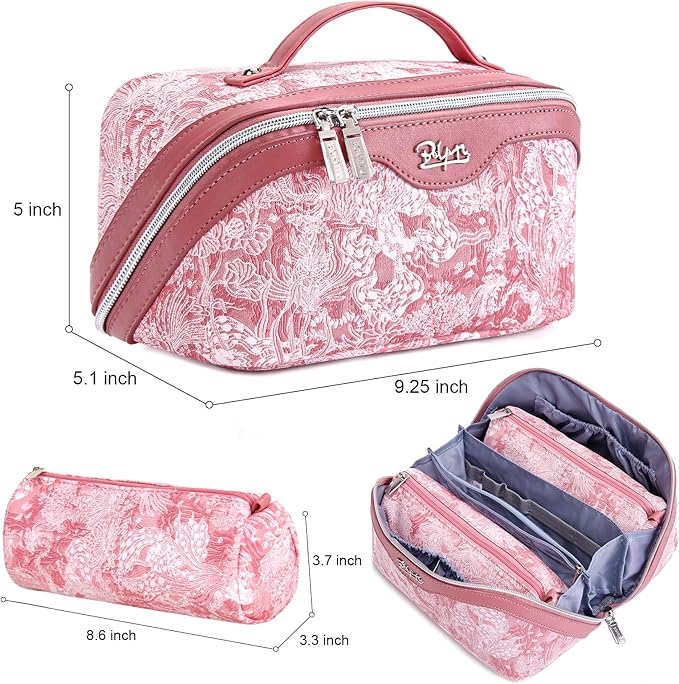 BOYATU Travel Makeup Bag for Women: Large Capacity Make up Bag with Compartments - Vegan Leather Cosmetic Bag set of 3 - Waterproof Toiletry Bag with Handle & Divider(D-04Pink)