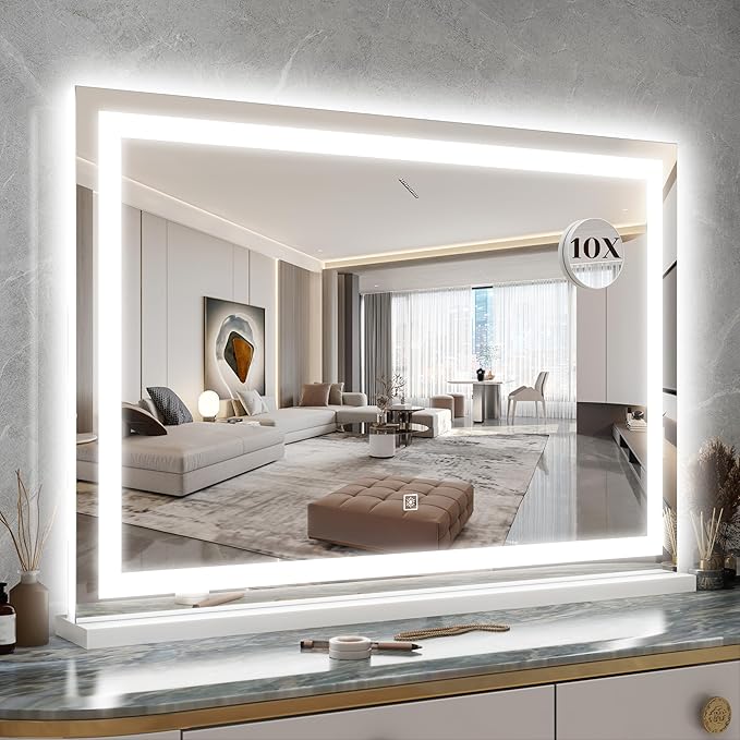 31" x 22" Large Lighted Vanity Mirror with Lights, Dimmable 3 Modes, LED Makeup Mirror for Bathroom ＆ Dressing Room, Tabletop or Wall-Mounted, 10X Magnification, White